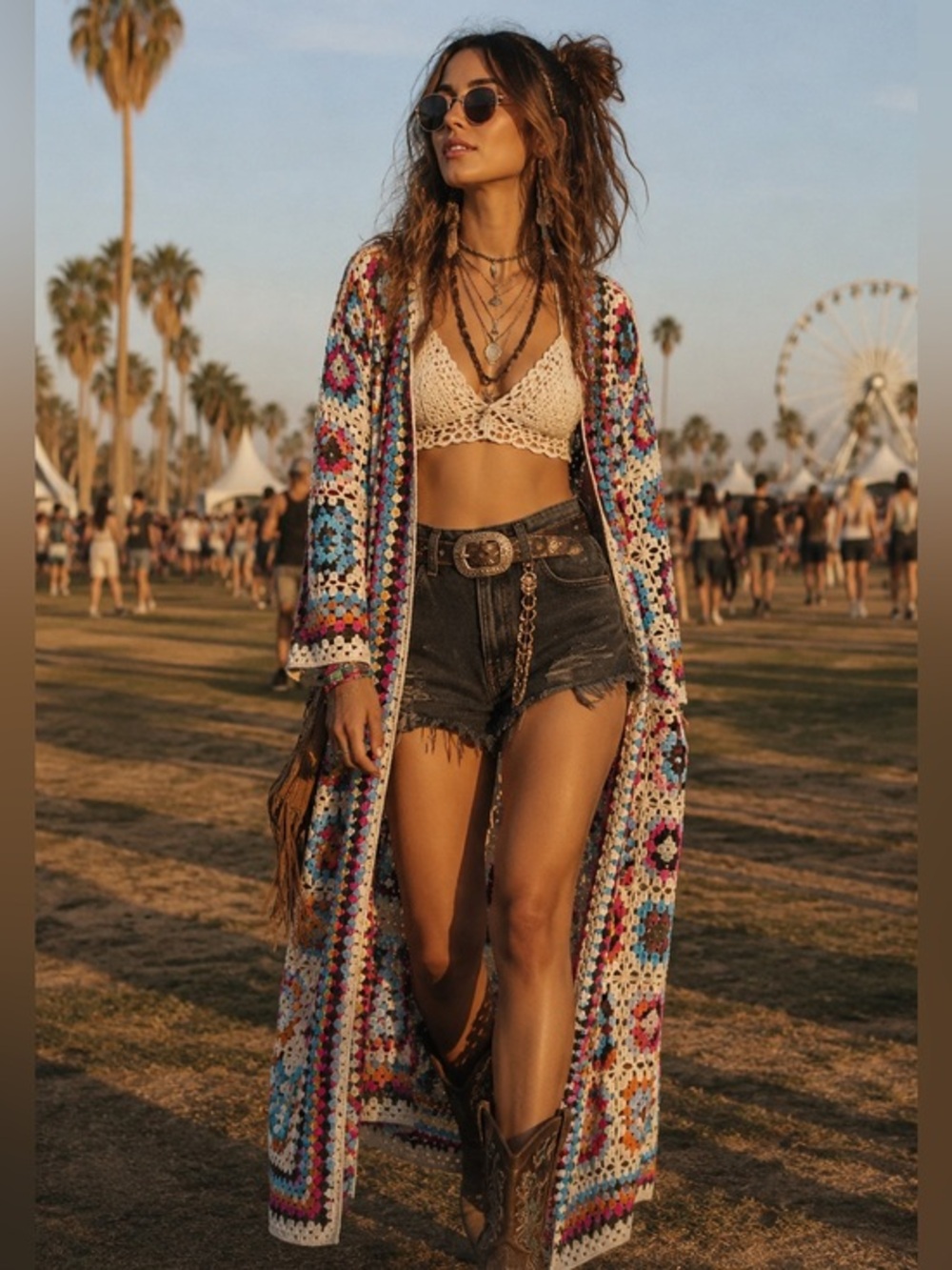POL Multicolor Granny Square Crochet Kimono Cardigan Boho Festival Duster NWT